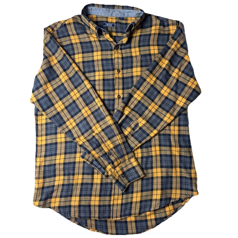 IZOD Men's Large Yellow Blue Plaid Long Sleeve Shirt
